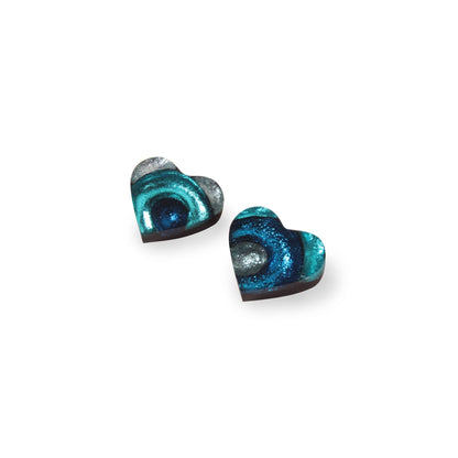 Teal Heart Swirl Shiny Asymmetrical Stud Earrings | The Jewellery Stop