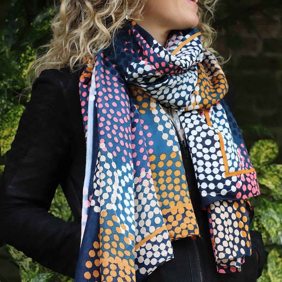 Blue Pink and Mustard Circle Spotty Scarf