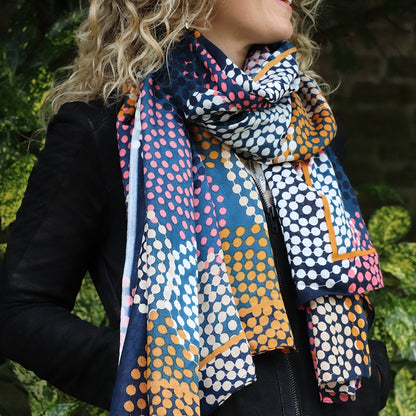 Blue Pink and Mustard Circle Spotty Scarf