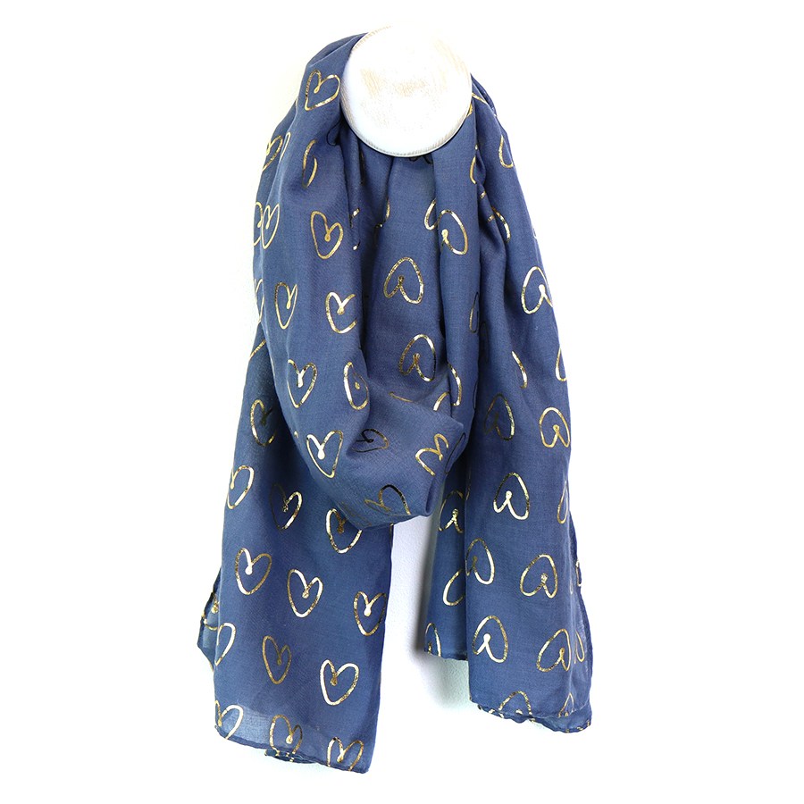 Denim Scarf With Gold Foiled Hearts
