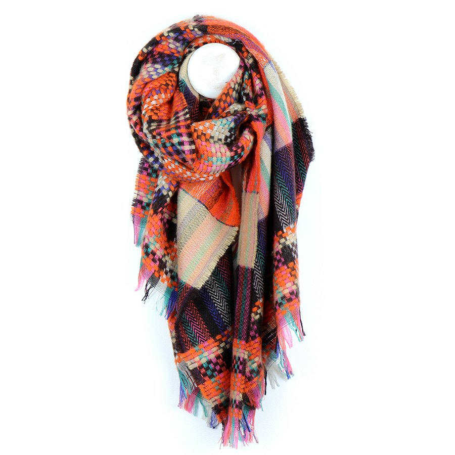Orange And Teal Woven Check Scarf with Fringe