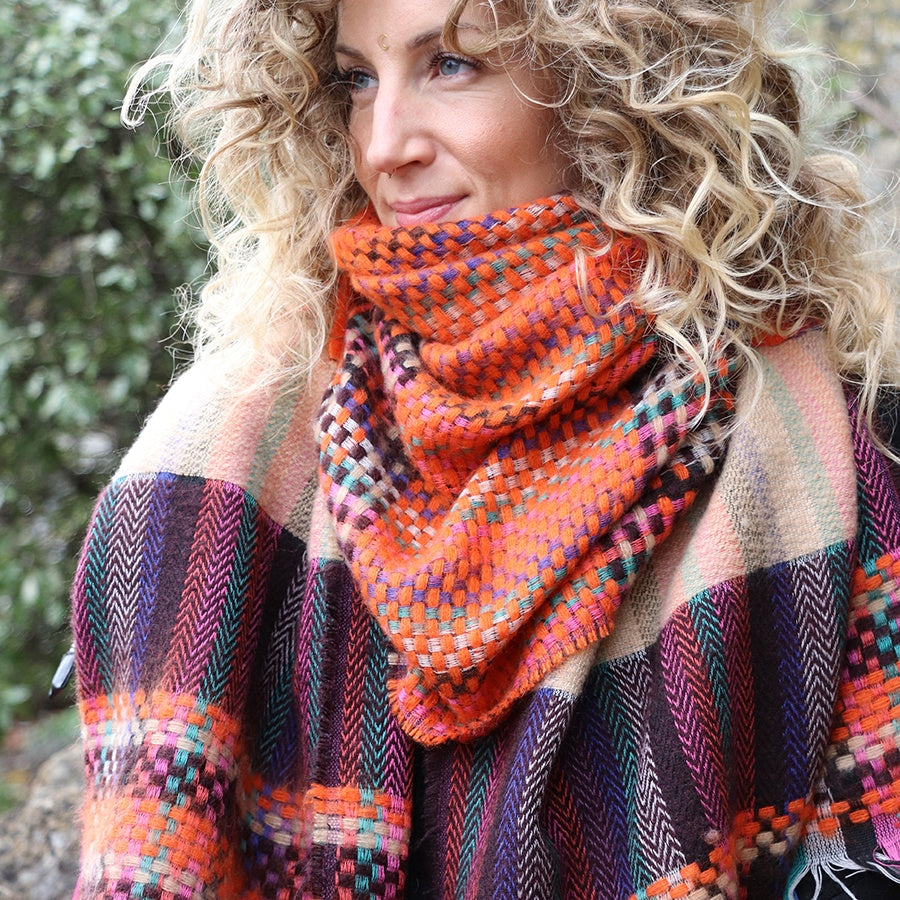 Orange And Teal Woven Check Scarf with Fringe