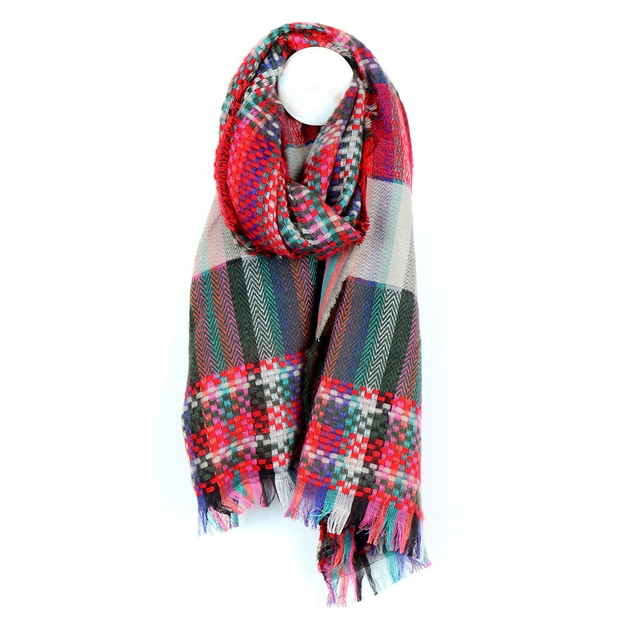 Red Mix Woven Check Scarf with Fringe