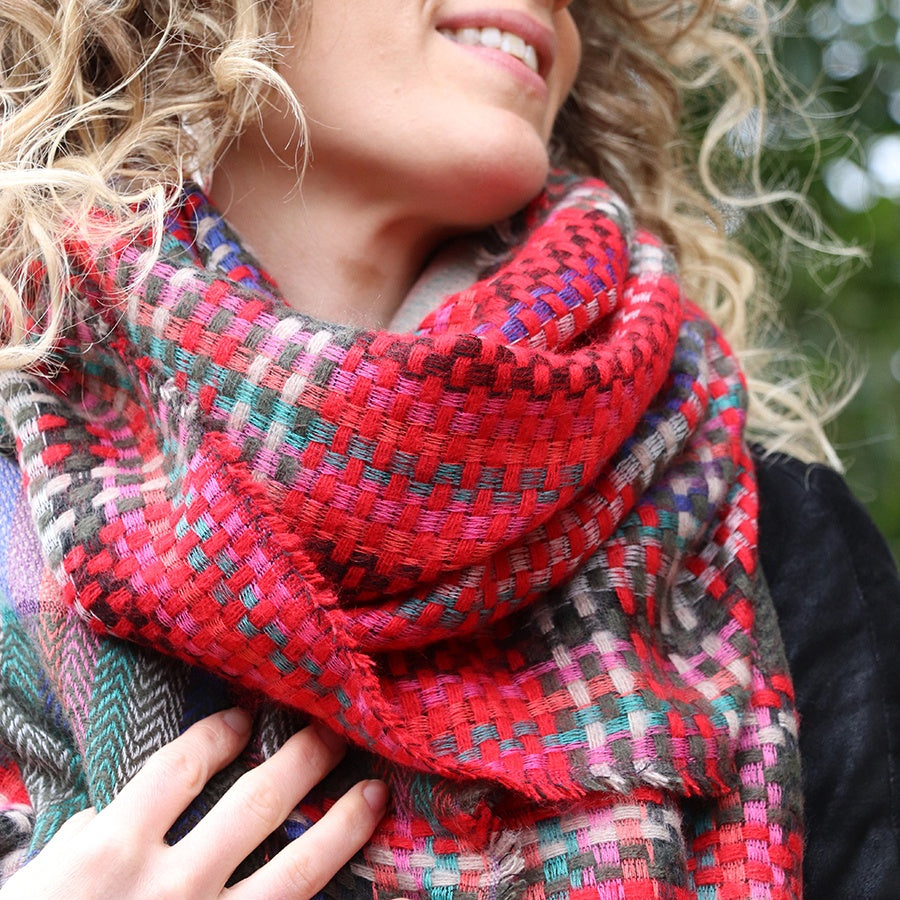 Red Mix Woven Check Scarf with Fringe