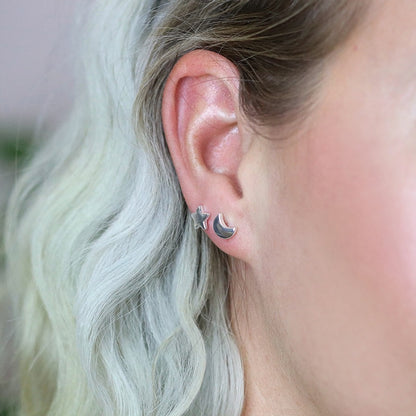 Sterling Silver Moon And Star Asymmetrical Stud Earrings