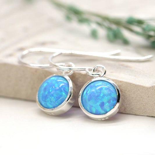 Round Drop Sterling Silver Blue Opalite Fish Hook Earrings