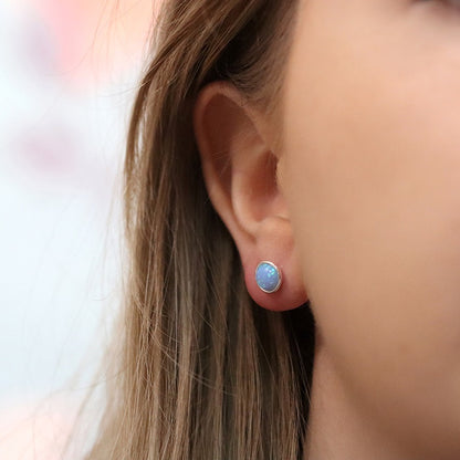 Round Sterling Silver Blue Opalite Stud Earrings