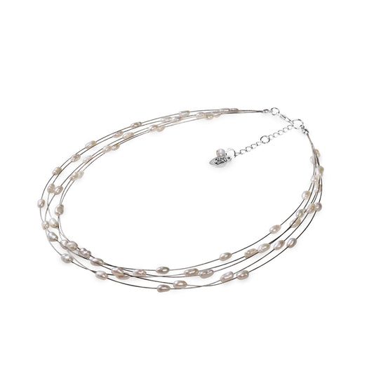 White Freshwater Baroque Rice Pearl 5 Strand Floating Necklace