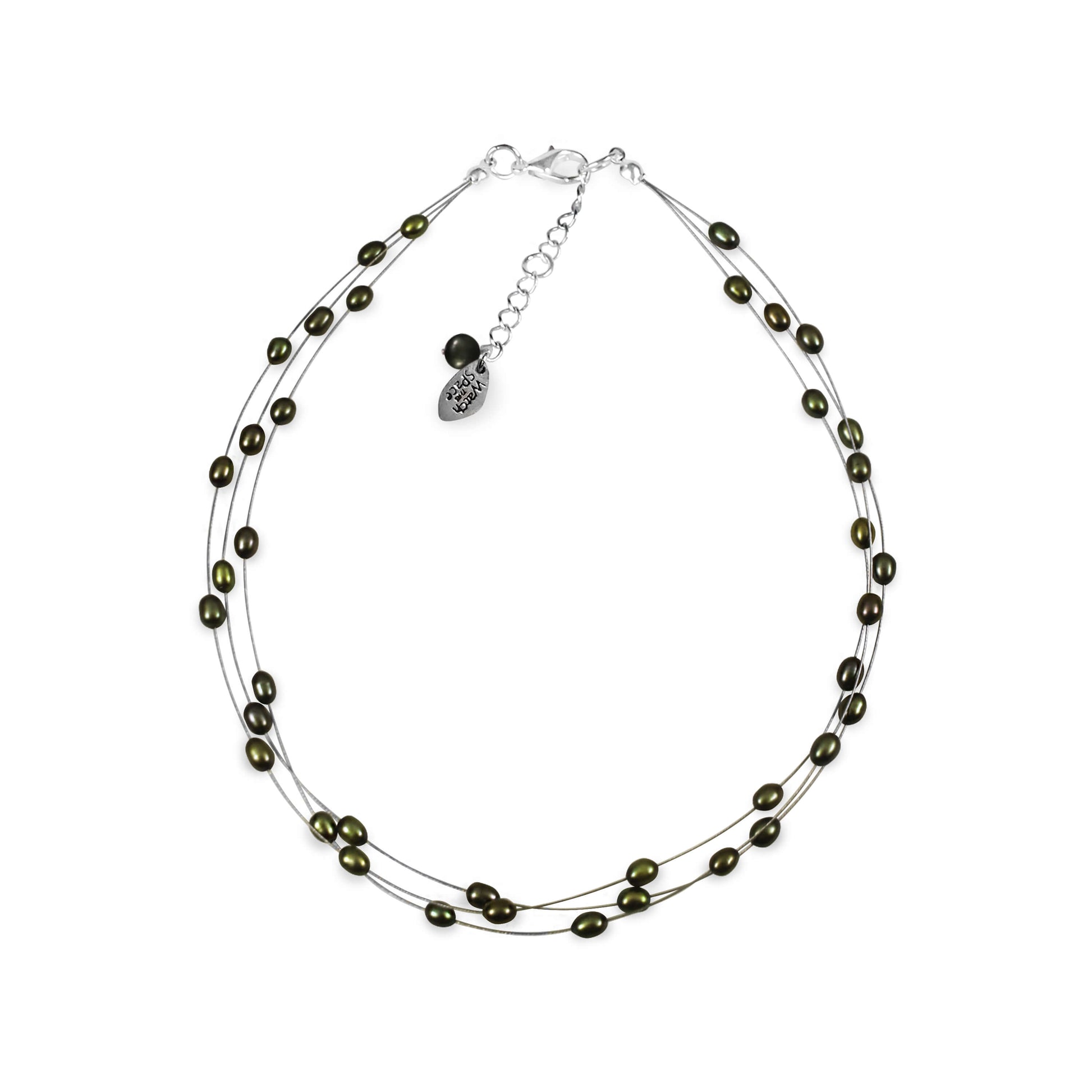 Olive Freshwater Rice Pearl 3 Strand Floating Necklace