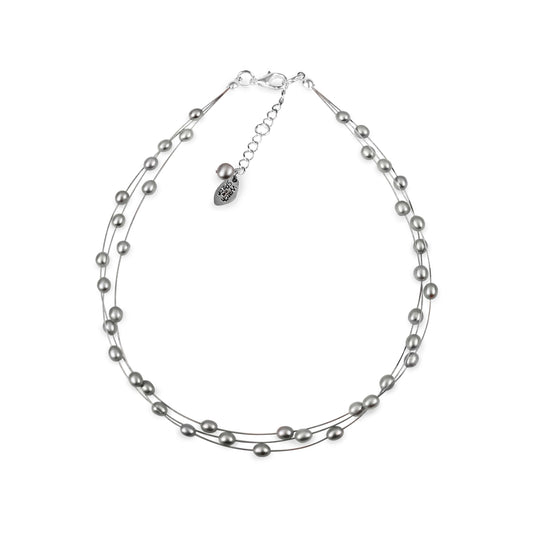 Silver Freshwater Rice Pearl 3 Strand Floating Necklace