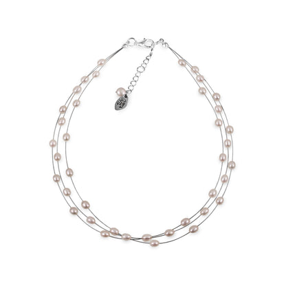 White Freshwater Rice Pearl 3 Strand Floating Necklace
