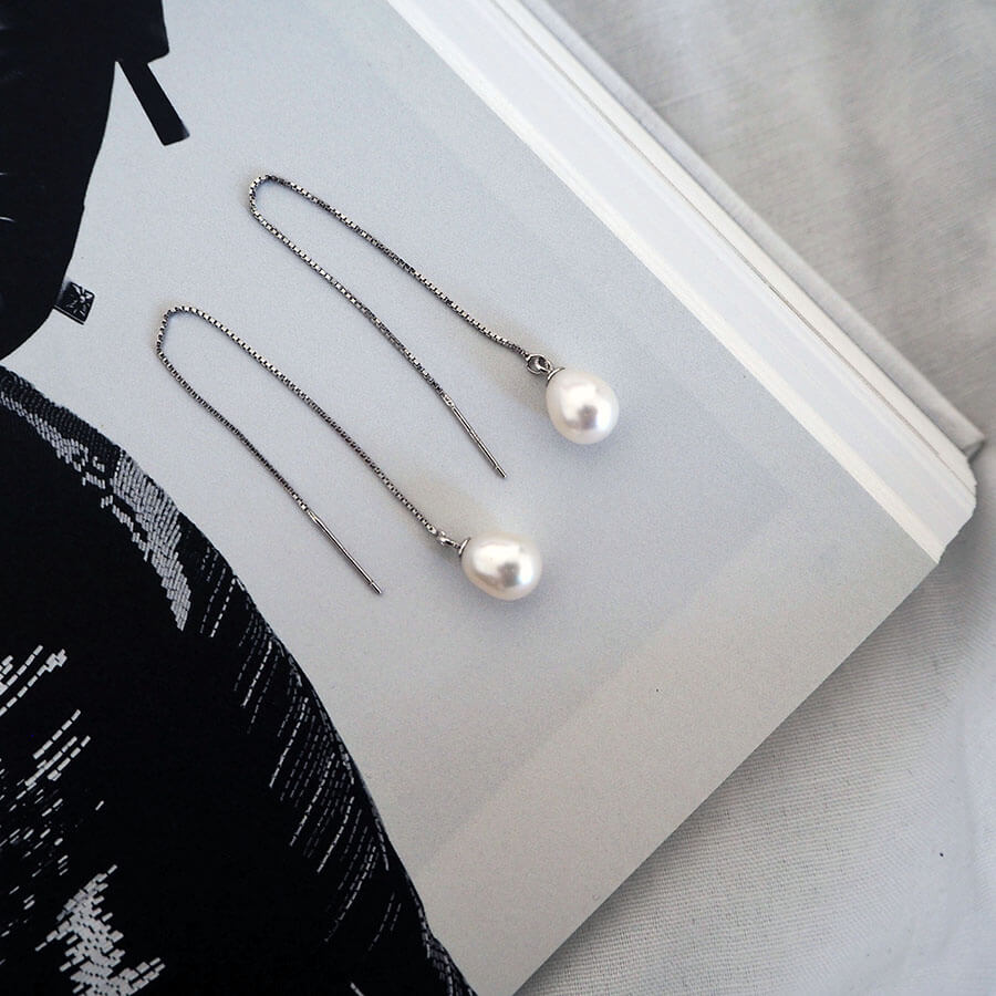 White Freshwater Pearl Sterling Silver Threader Earrings