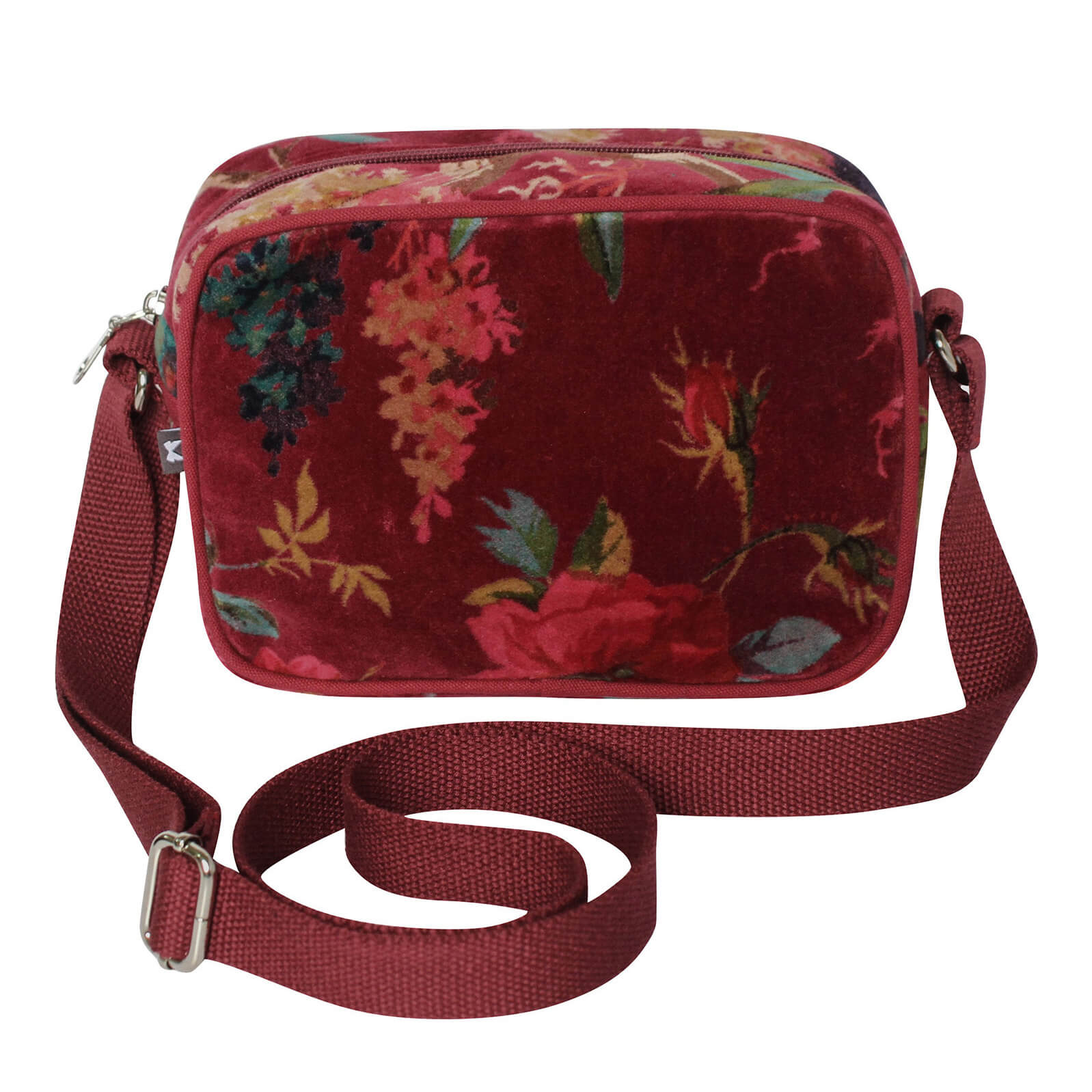 Crimson Printed Velvet Camera Bag | The Jewellery Stop