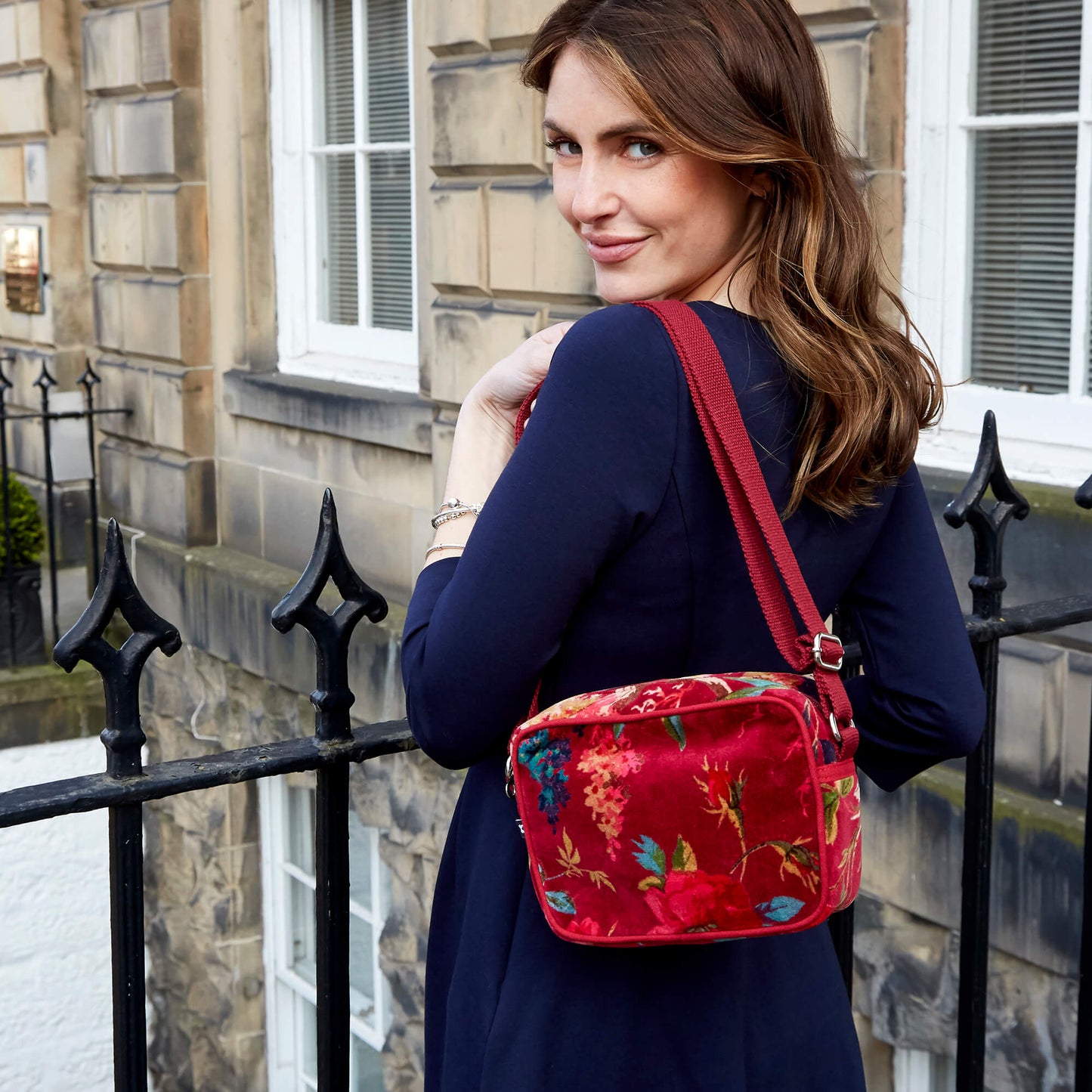 Crimson Printed Velvet Camera Bag | The Jewellery Stop