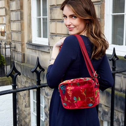 Crimson Printed Velvet Camera Bag | The Jewellery Stop