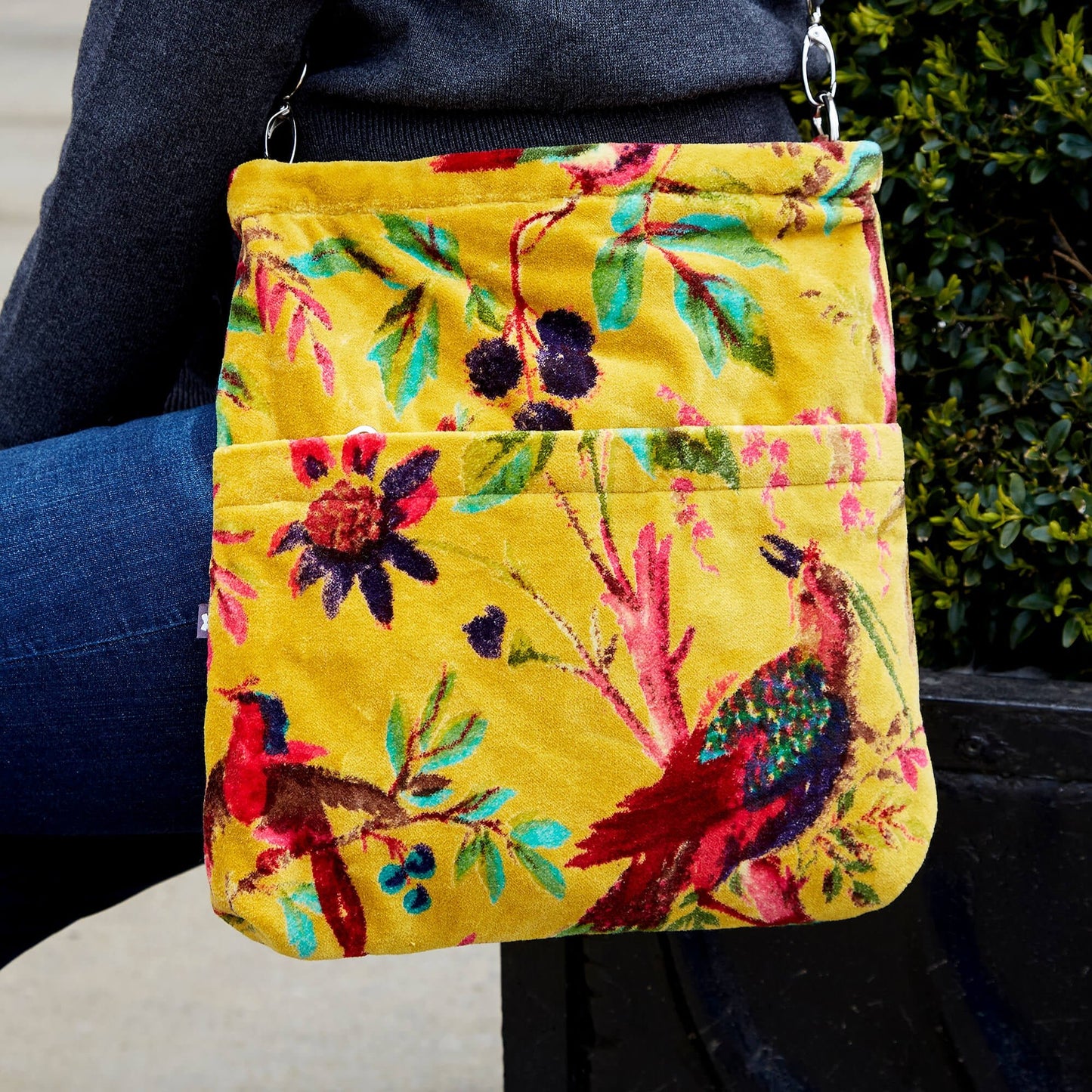 Mustard Printed Velvet Messenger Bag | The Jewellery Stop