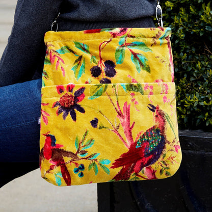Mustard Printed Velvet Messenger Bag | The Jewellery Stop