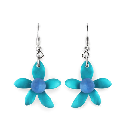 Teal Flower Matte Fish Hook Earrings | The Jewellery Stop