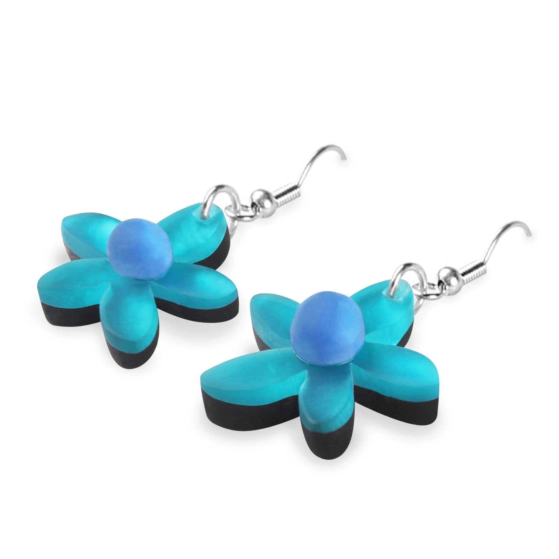 Teal Flower Matte Fish Hook Earrings | The Jewellery Stop