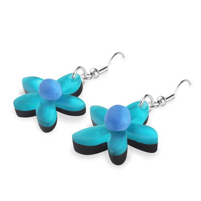 Teal Flower Matte Fish Hook Earrings | The Jewellery Stop