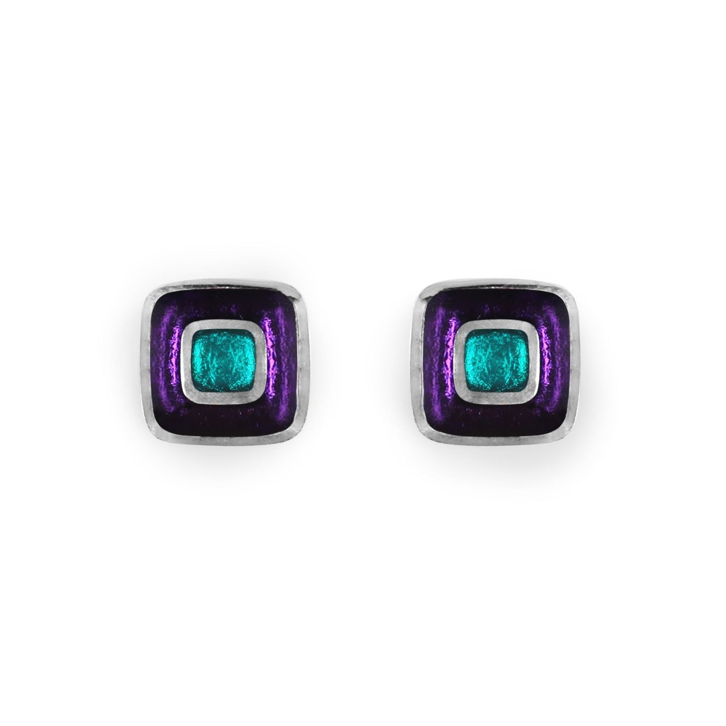 Peacock Retro Squares Shiny Medium Stud Earrings | The Jewellery Stop