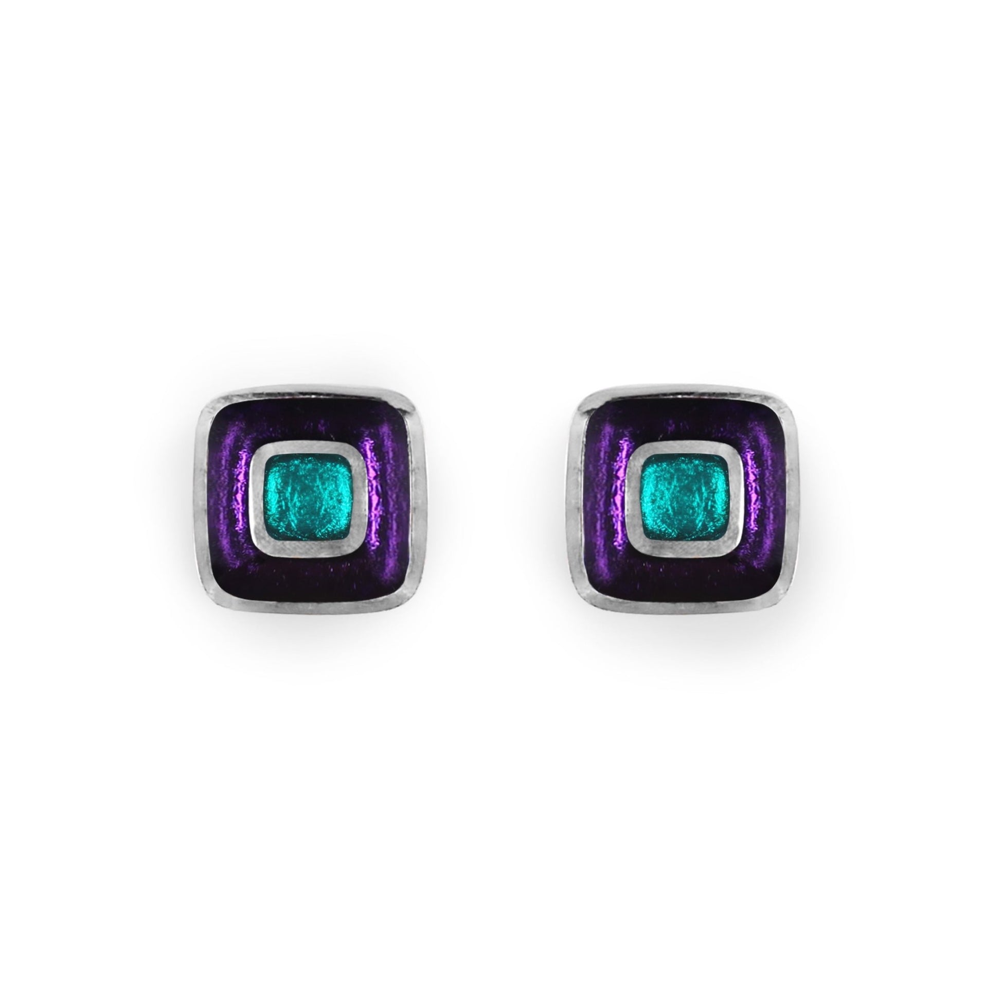 Peacock Retro Squares Shiny Medium Stud Earrings | The Jewellery Stop