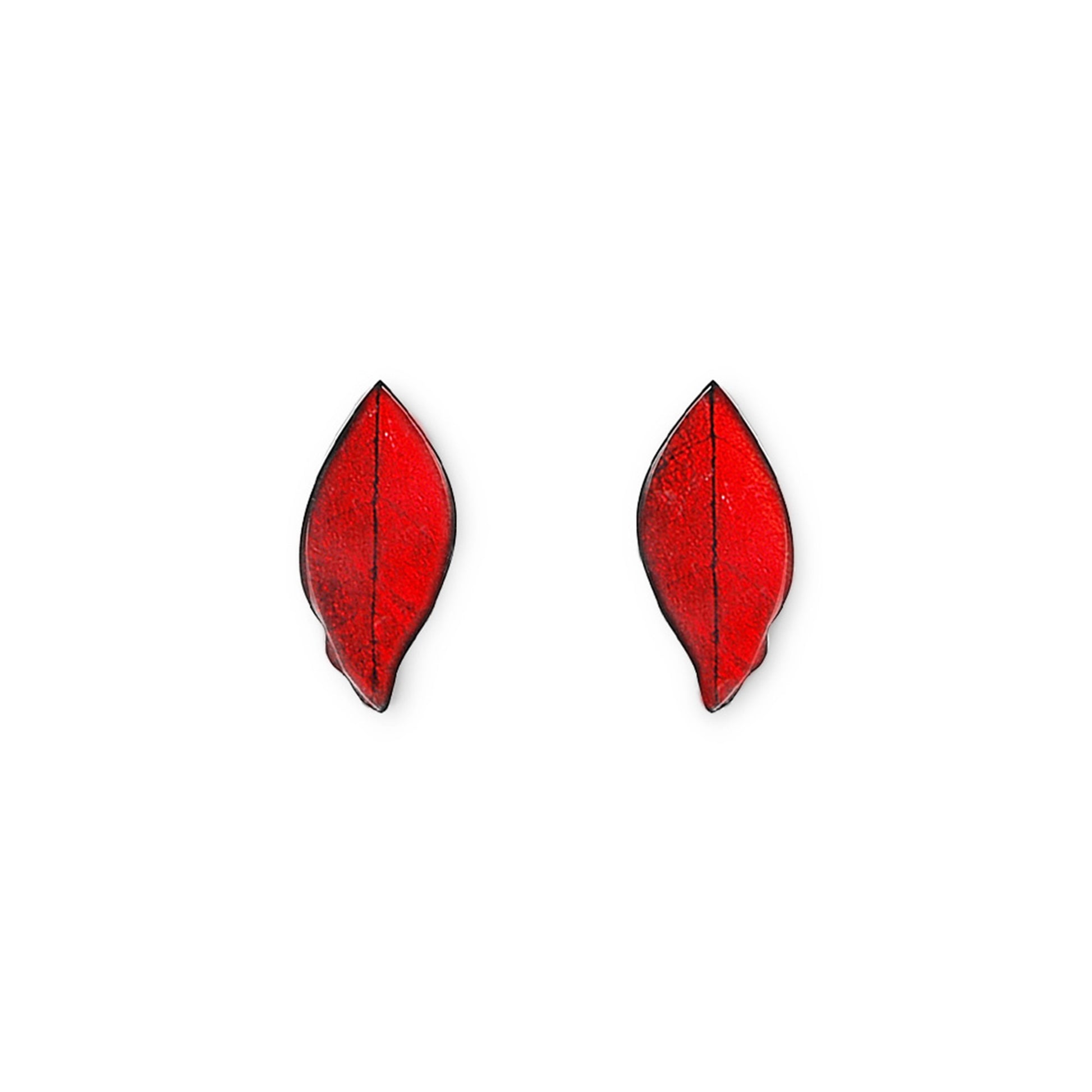 Red Skeletal Leaf Shiny Stud Earrings