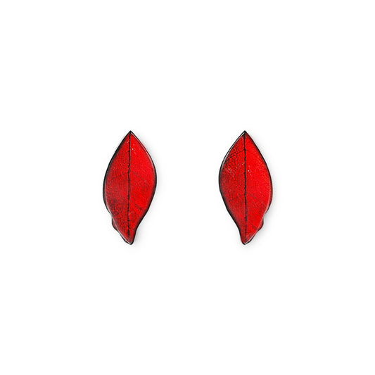 Red Skeletal Leaf Shiny Stud Earrings