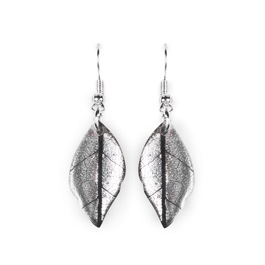 Silver Skeletal Leaf Shiny Fish Hook Earrings