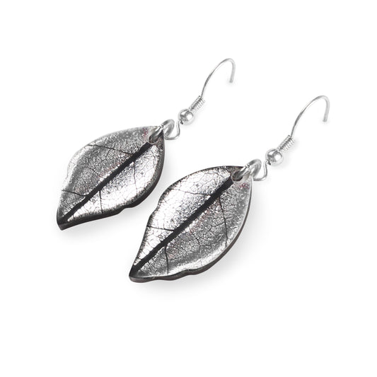 Silver Skeletal Leaf Shiny Fish Hook Earrings
