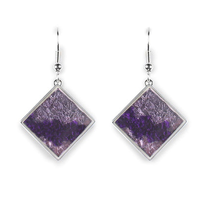 Purple Stained Glass Square Shiny Fish Hook Earrings | The Jewellery Stop