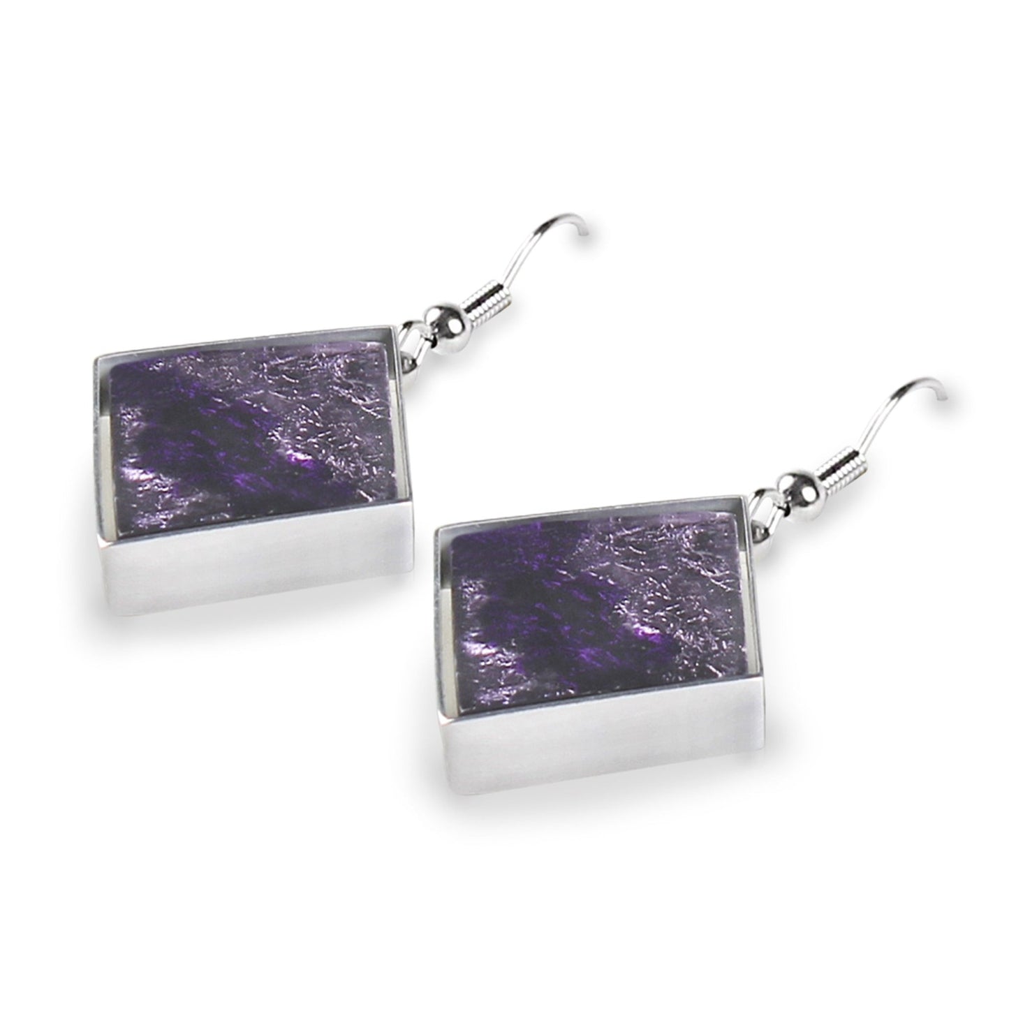Purple Stained Glass Square Shiny Fish Hook Earrings | The Jewellery Stop