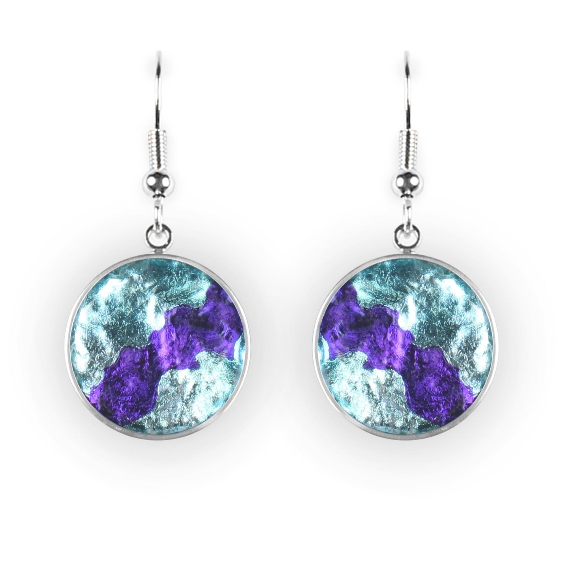 Turquoise Stained Glass Round Shiny Fish Hook Earrings | The Jewellery Stop