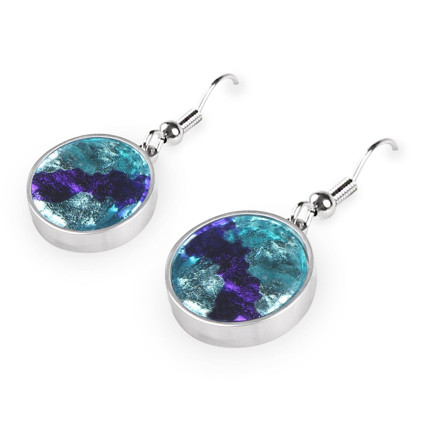 Turquoise Stained Glass Round Shiny Fish Hook Earrings | The Jewellery Stop