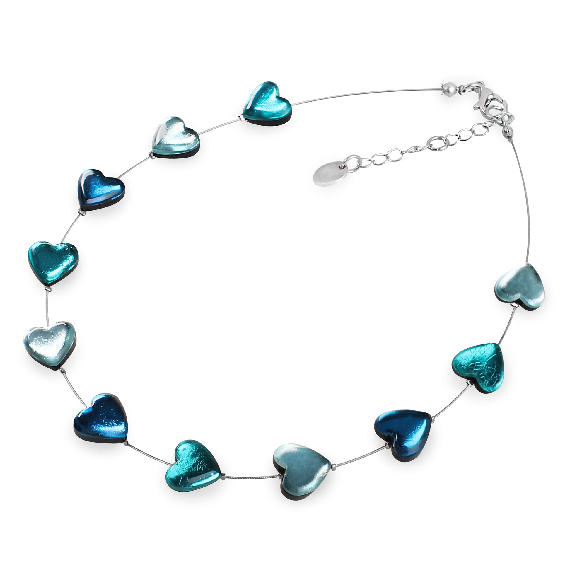 Teal Love Heart Shiny Button Necklace