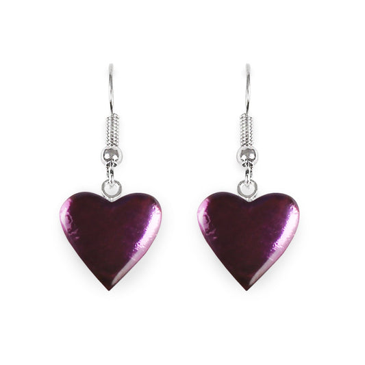 Purple Love Heart Shiny Fish Hook Earrings | The Jewellery Stop