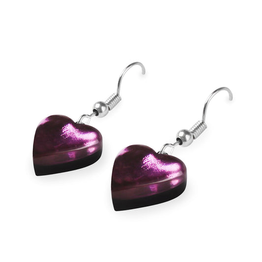 Purple Love Heart Shiny Fish Hook Earrings | The Jewellery Stop
