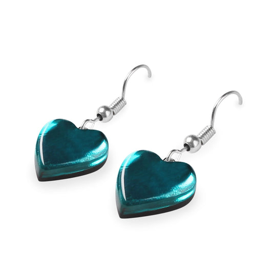Teal Love Heart Shiny Fish Hook Earrings | The Jewellery Stop