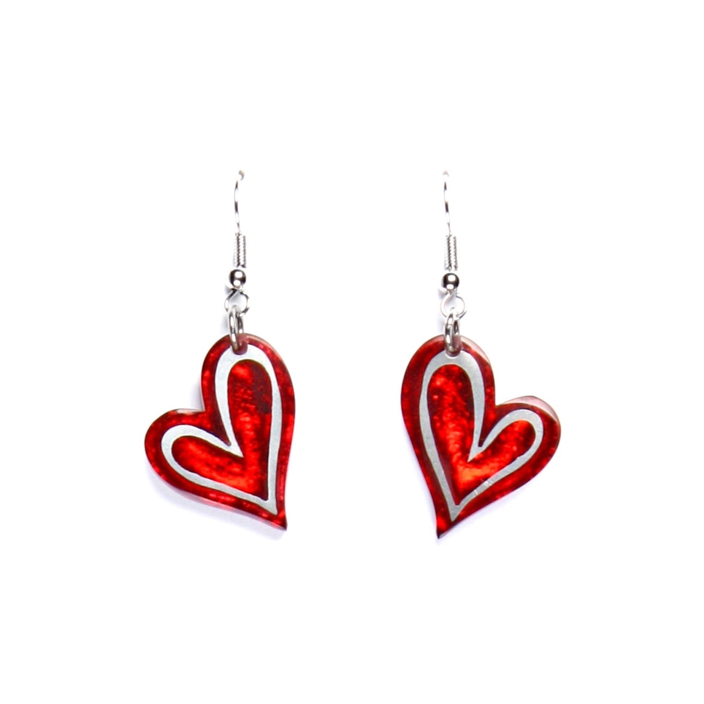 Red Linear Heart Shiny Fish Hook Earrings | The Jewellery Stop