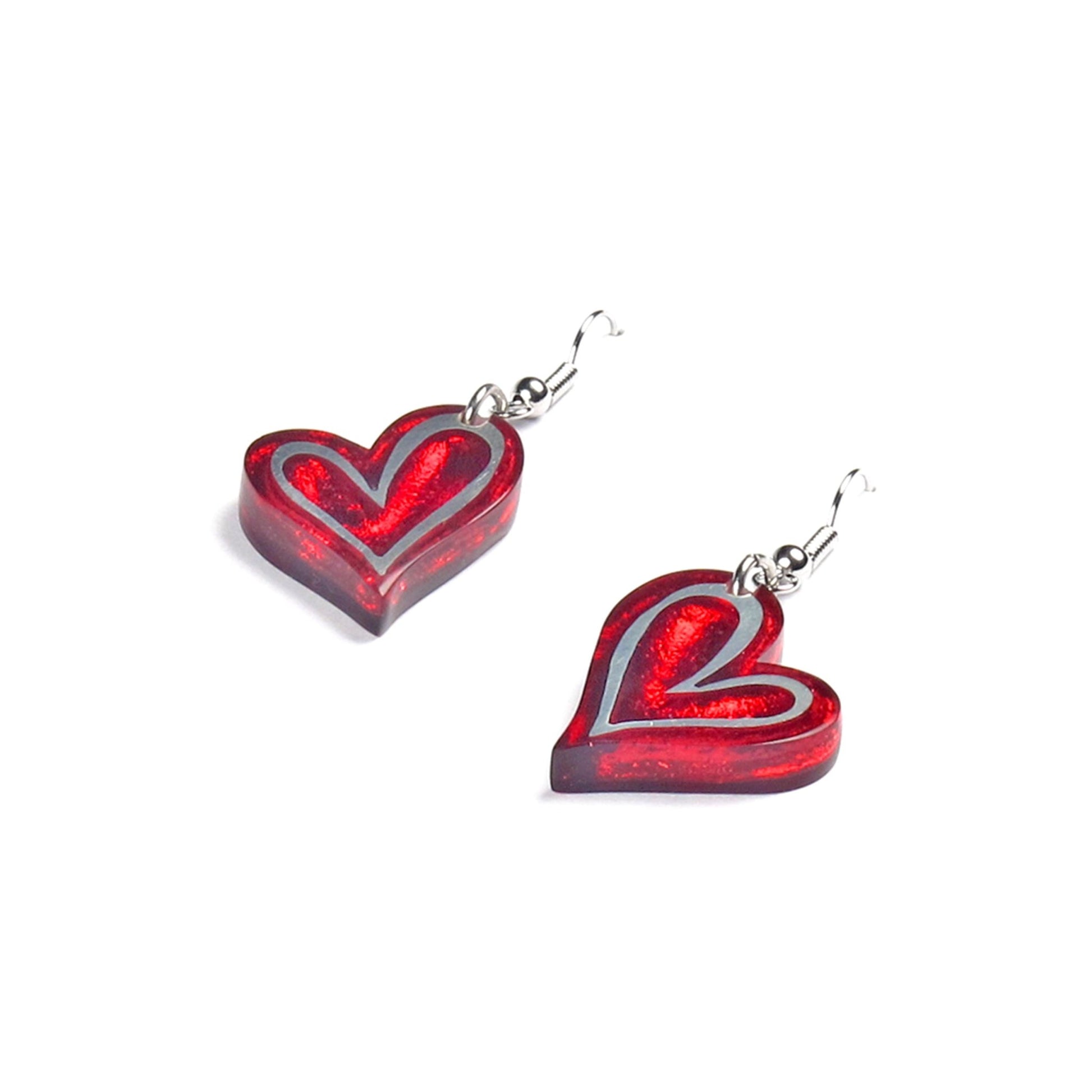 Red Linear Heart Shiny Fish Hook Earrings | The Jewellery Stop