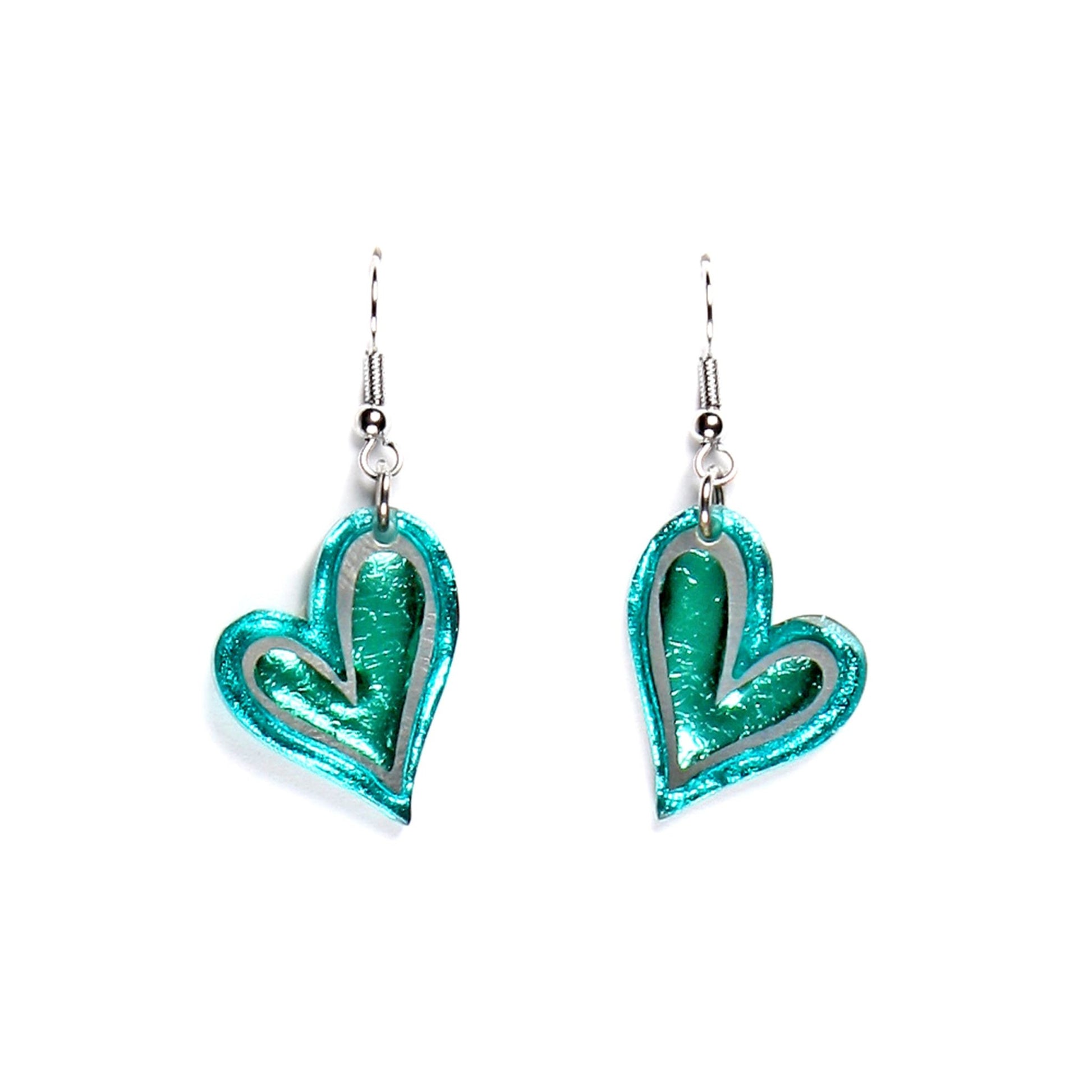 Teal Linear Heart Shiny Fish Hook Earrings | The Jewellery Stop