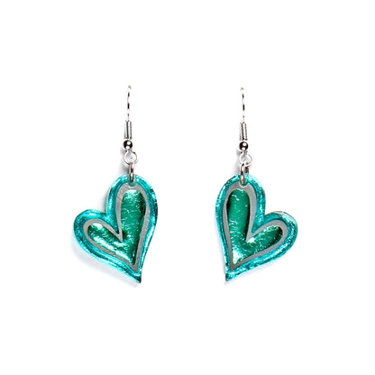 Teal Linear Heart Shiny Fish Hook Earrings | The Jewellery Stop