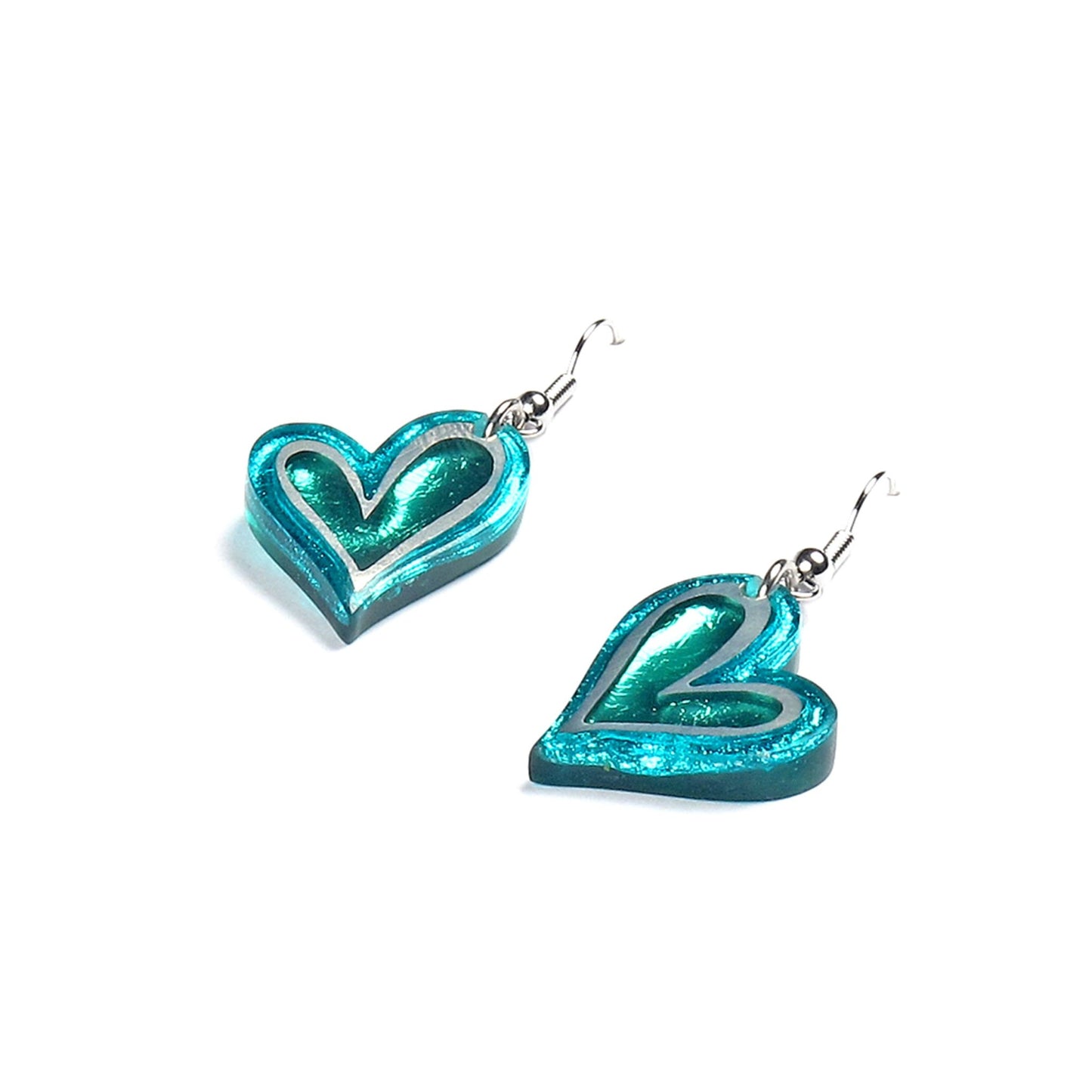 Teal Linear Heart Shiny Fish Hook Earrings | The Jewellery Stop