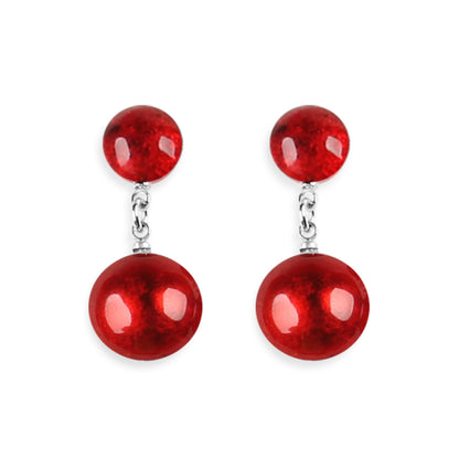 Red Cabouchon Shiny Double Drop Stud Earrings | The Jewellery Stop