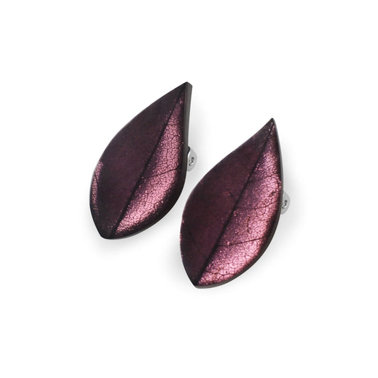 Blackberry Skeletal Leaf Shiny Clip Earrings | The Jewellery Stop