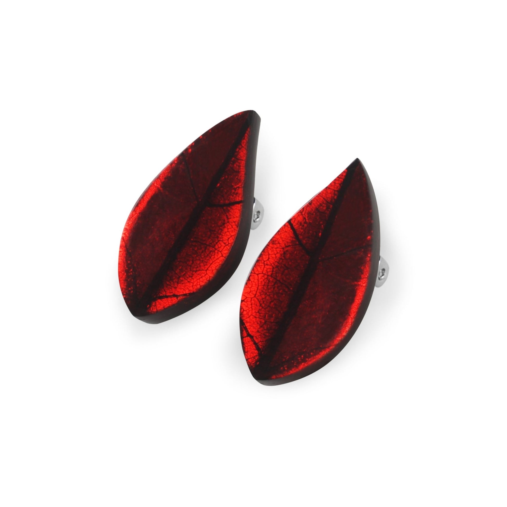 Red Skeletal Leaf Shiny Clip Earrings | The Jewellery Stop