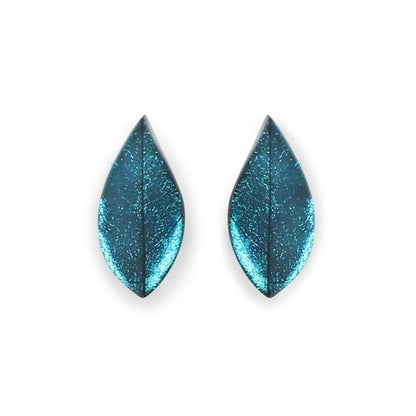 Teal Skeletal Leaf Shiny Clip Earrings | The Jewellery Stop