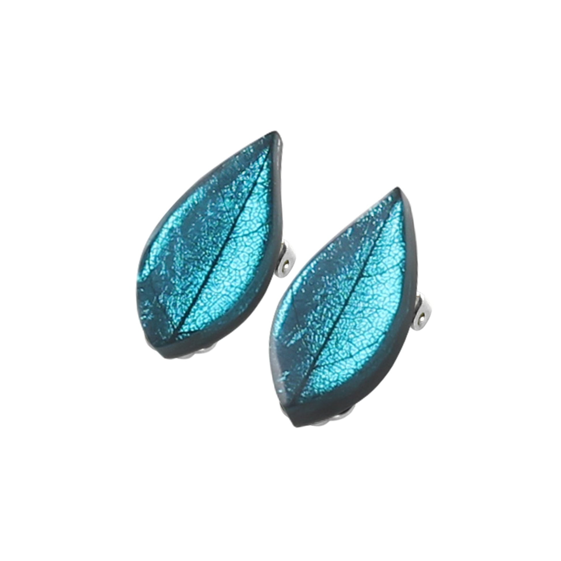 Teal Skeletal Leaf Shiny Clip Earrings | The Jewellery Stop