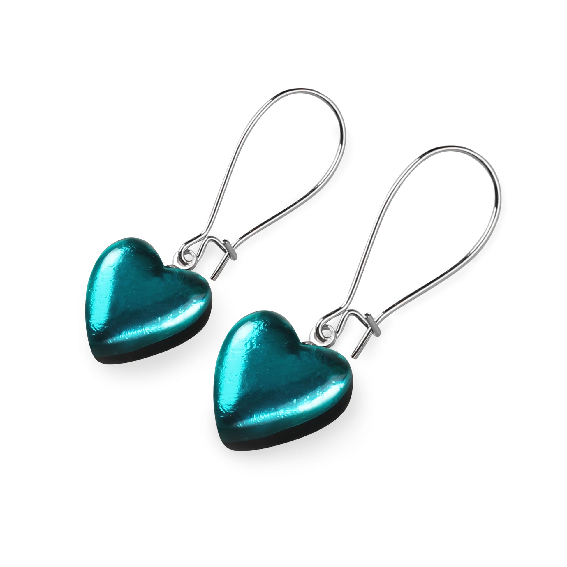 Teal Love Heart Shiny Loop Earrings