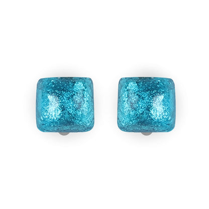 Turquoise Cabouchon Squares Shiny Clip Earrings | The Jewellery Stop
